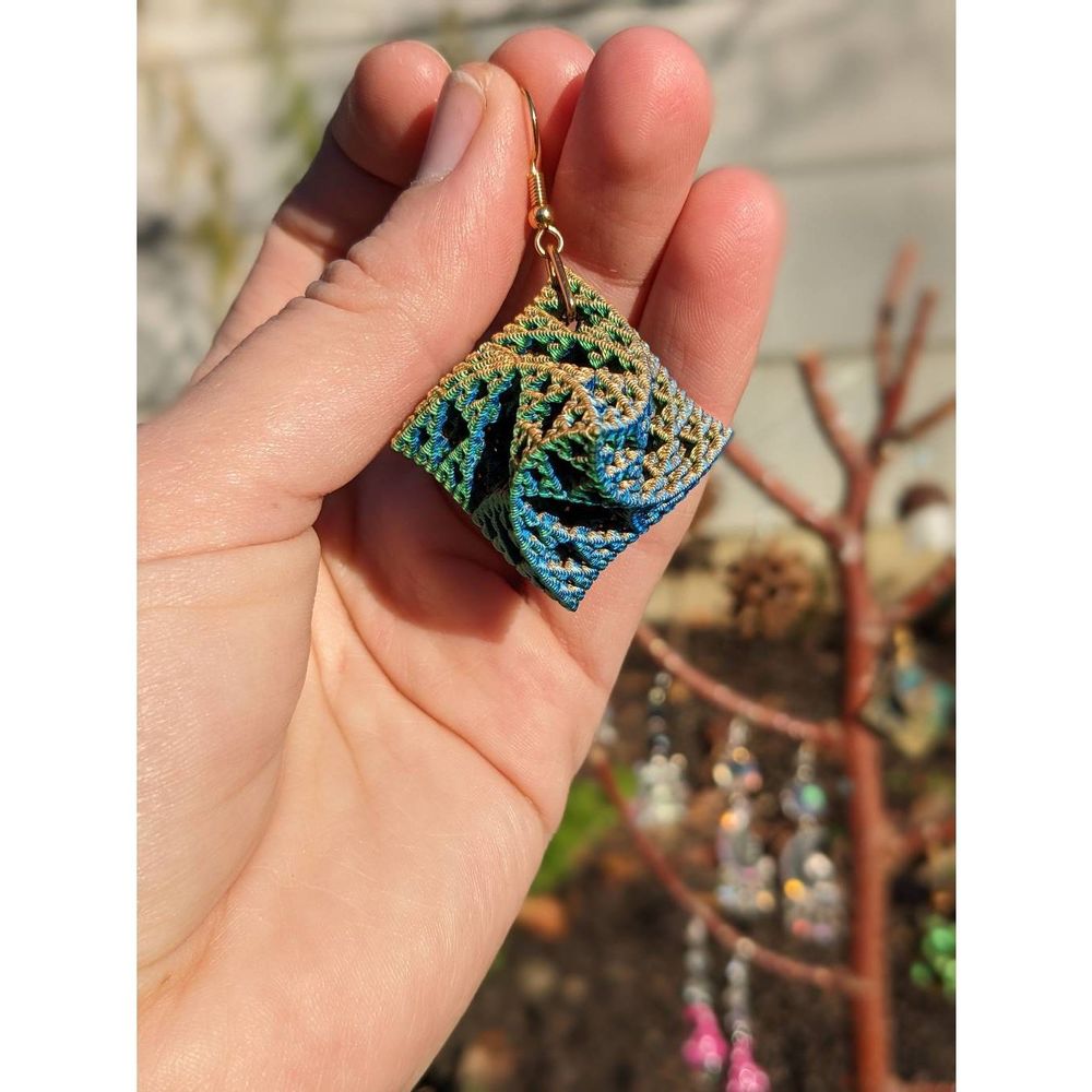 Color Changing Blue-Green-Orange 3D Printed Warped Sierpinski Octahedron Earring